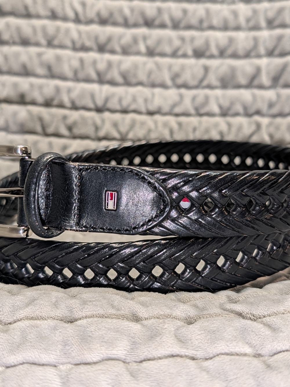 Tommy Hilfiger Black Braided Leather Men’s Belt with Silver Buckle